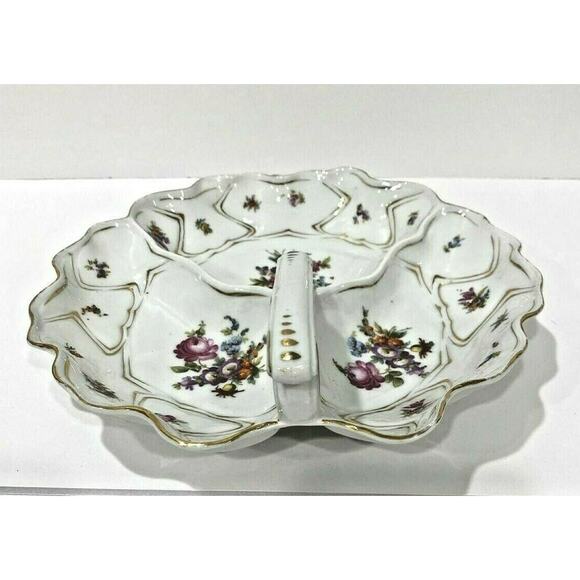 Vintage porcelain center handle server bowl 3-part vegie display white & floral - Picture 9 of 9